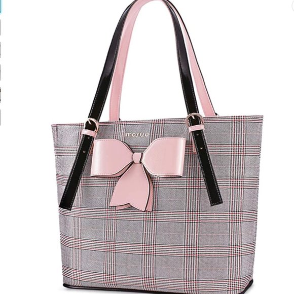 MOSISO  plaid Tote laptop bag carry all  houndstooth large Pink bow, stylish - Picture 2 of 14
